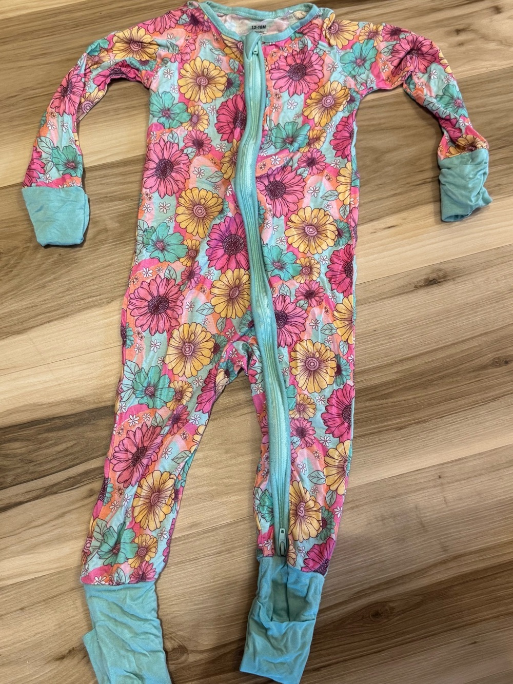 Infant toddler girls Pink & Teal Floral Bamboo Zip Front Footie Pajamas 12-18 mo